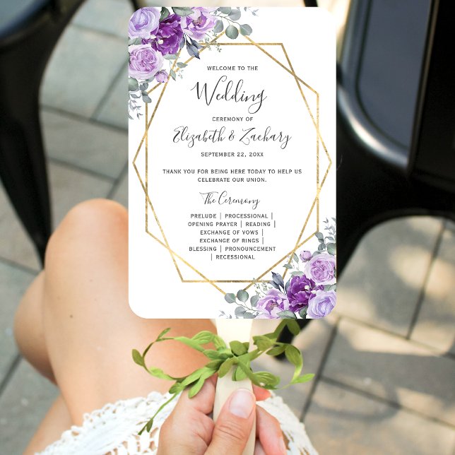 Éventail Programme de mariage à cadre doré et fleurs violet (Créateur téléchargé)