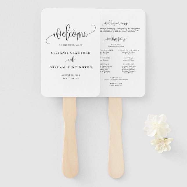 Éventail Programme de mariage à calligraphie noire élégante (Devant et derrière)