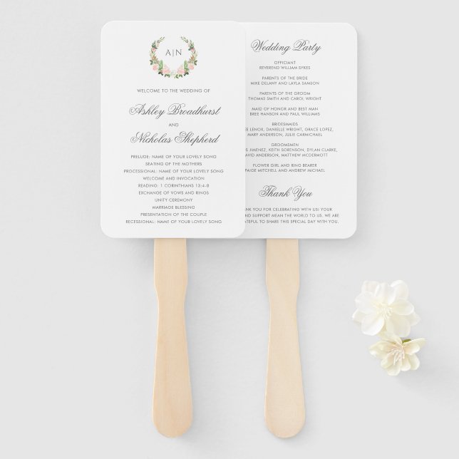 Éventail Programme de mariage à crête florale aquarelle élé (Devant et derrière)
