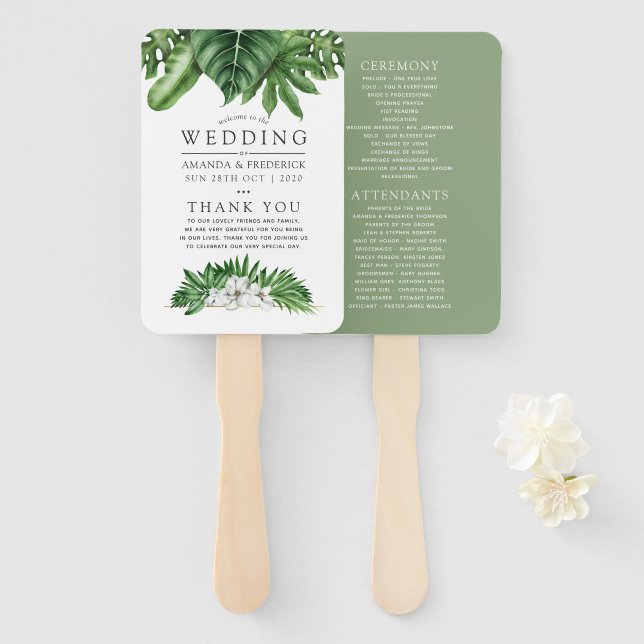 Éventail Programme de mariage à feuillage tropical verdoyan (Devant et derrière)