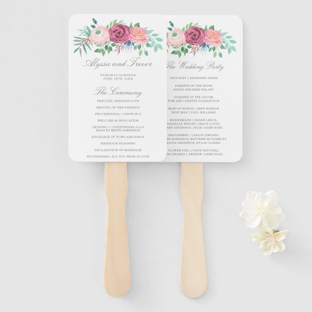 Éventail Programme de mariage à guirlande florale rose roma (Devant et derrière)