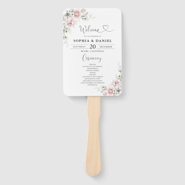 Éventail Programme de mariage à la main Roses Rose Pâle (Devant)
