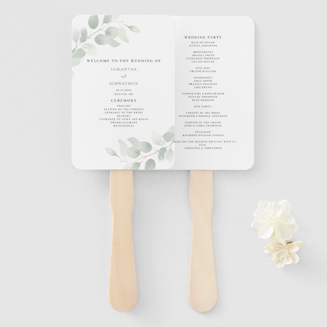 Éventail Programme de mariage à la verdure d'Eucalyptus  (Devant et derrière)