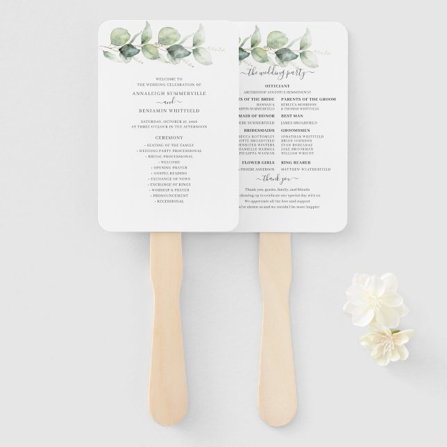 Éventail Programme de mariage à la verdure d'eucalyptus bot (Devant et derrière)