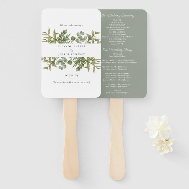 Éventail Programme de mariage à la verdure d'eucalyptus de  (Devant et derrière)