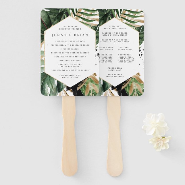 Éventail Programme de mariage à la verdure estivale glamour (Devant et derrière)
