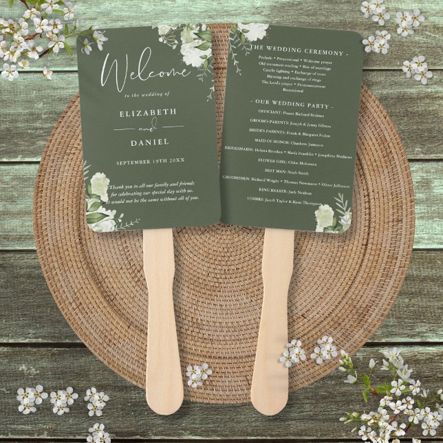 Éventail Programme de mariage à la verdure florale vert oli (Olive Green Floral Greenery Wedding Program Hand Fan)