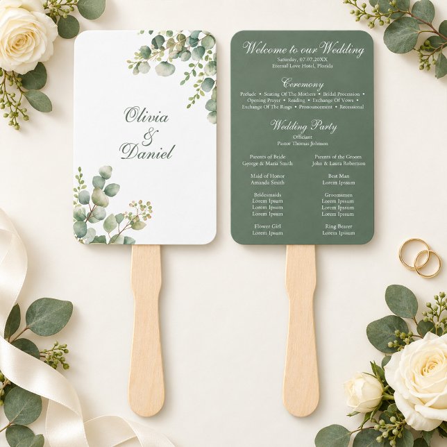 Éventail Programme de mariage à la verdure moderne Eucalypt (Modern Greenery Eucalyptus Wedding Program Hand Fan)