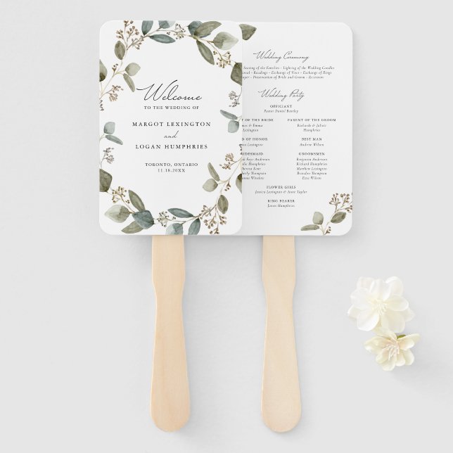 Éventail Programme de mariage à l'aquarelle à l'eucalyptus  (Devant et derrière)