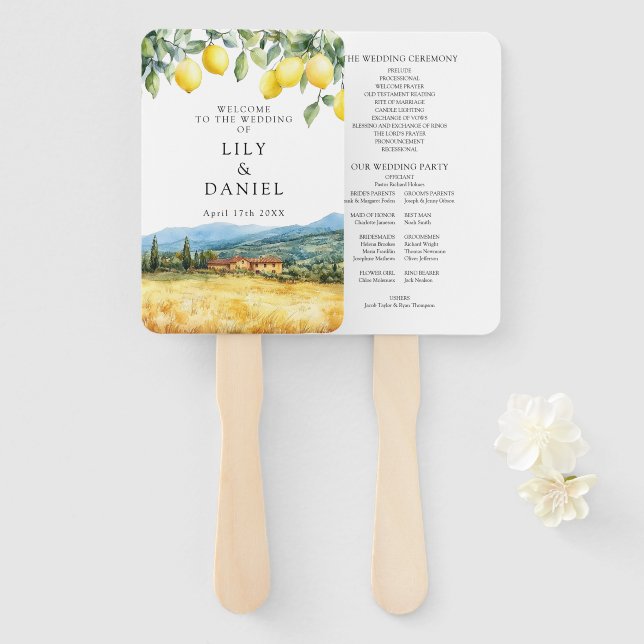Éventail Programme de mariage à l'aquarelle aux citrons de  (Devant et derrière)