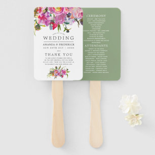 Éventail Programme de mariage à l'aquarelle aux pivoines ro