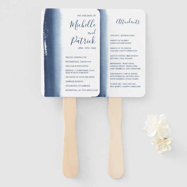 Éventail Programme de mariage à l'aquarelle bleu marine cré (Devant et derrière)
