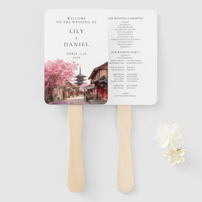 Éventail Programme de mariage à l'aquarelle de Kyoto Japon (Devant et derrière)