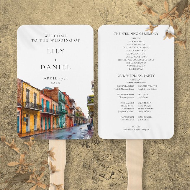 Éventail Programme de mariage à l'aquarelle de La Nouvelle- (New Orleans Watercolor Wedding Program Hand Fan)