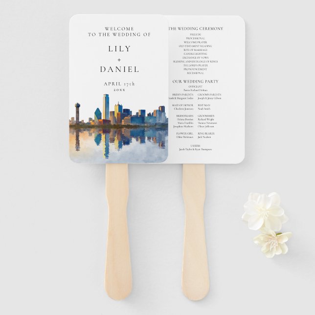 Éventail Programme de mariage à l'aquarelle de la skyline d (Devant et derrière)