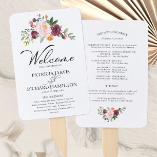 Éventail Programme de mariage à l'aquarelle florale bordeau
