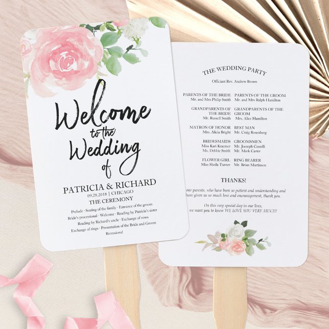 Éventail Programme de mariage à l'aquarelle florale de rose (Créateur téléchargé)