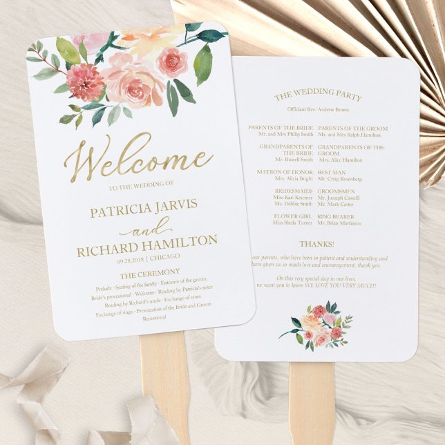 Éventail Programme de mariage à l'aquarelle florale dorée é (Créateur téléchargé)