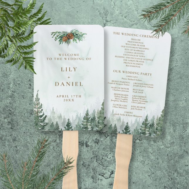 Éventail Programme de mariage à l'aquarelle rustique de la  (Rustic Watercolor Pine Forest Wedding Program Hand Fan)