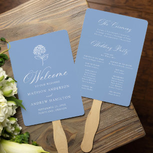 Éventail Programme de mariage à l'hortensia bleu classique