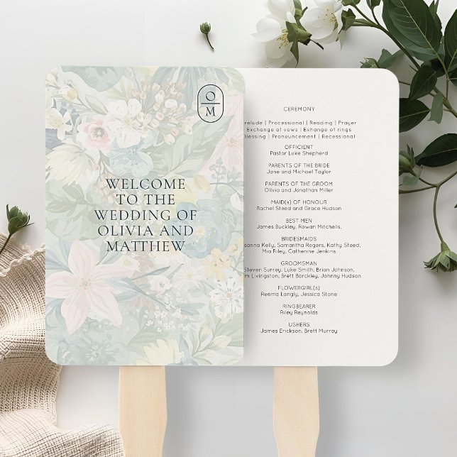 Éventail Programme de mariage à monogramme aquarelle floral (Créateur téléchargé)