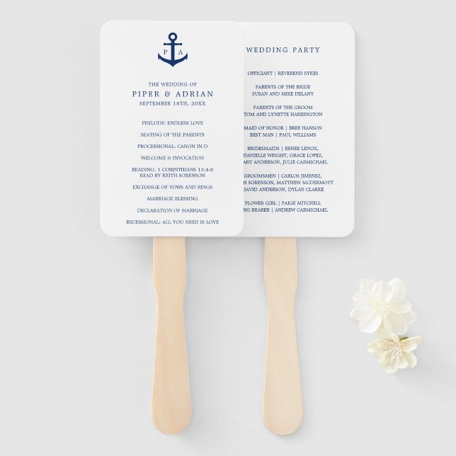 Éventail Programme de mariage à monogramme d'ancre bleu mar (Devant et derrière)