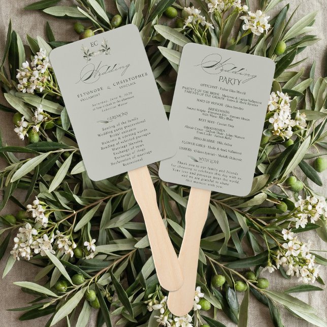 Éventail Programme de mariage à monogramme de branche d'oli (Créateur téléchargé)