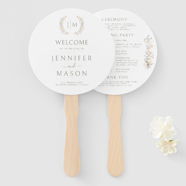 Éventail Programme de mariage à monogramme floral rose neut (Devant et derrière)