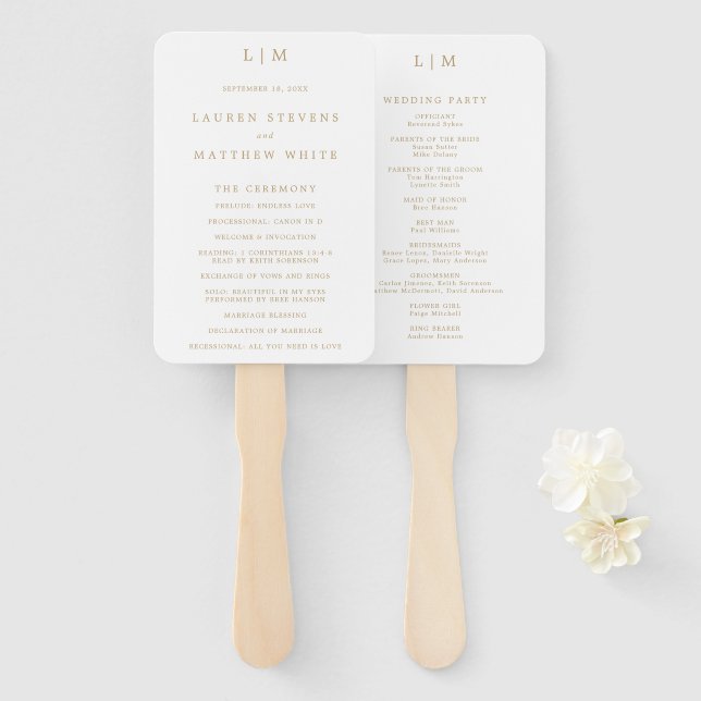 Éventail Programme de mariage à monogramme simple en or ant (Devant et derrière)