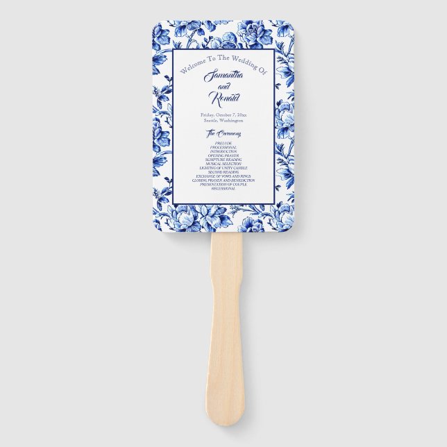 Éventail Programme de mariage à motif floral bleu et blanc (Devant)