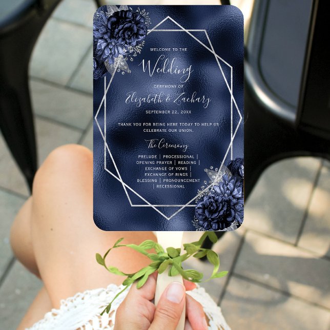Éventail Programme de mariage à motif floral bleu marine et (Créateur téléchargé)