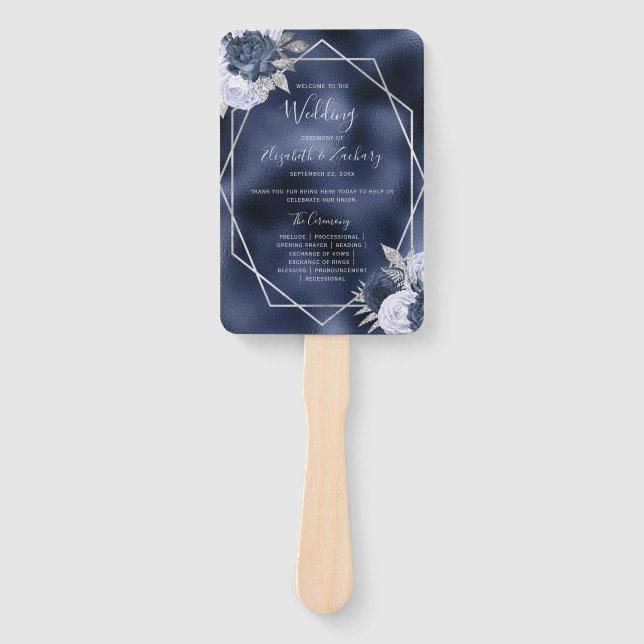 Éventail Programme de mariage à motif floral bleu poussiére (Devant)