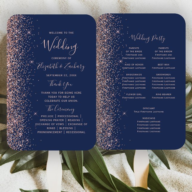 Éventail Programme de mariage à paillettes bleu marine et o (Créateur téléchargé)