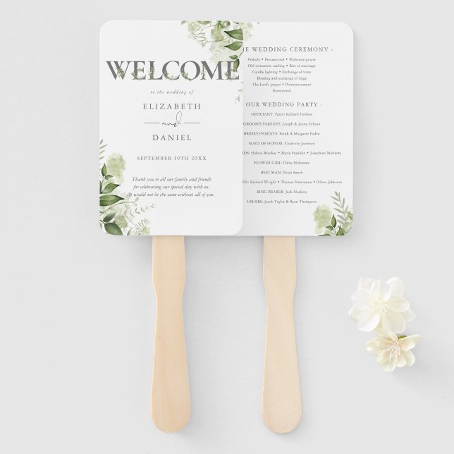 Éventail Programme de mariage à typographie florale de verd (Devant et derrière)