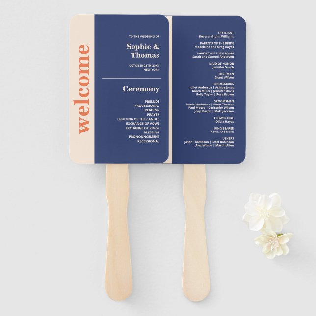 Éventail Programme de mariage à typographie moderne et auda (Devant et derrière)