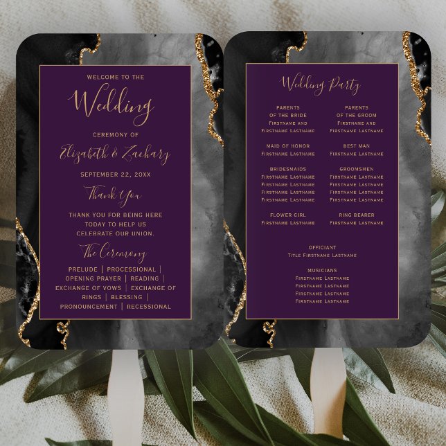 Éventail Programme de mariage Agate Or Noir Violet Profond (Créateur téléchargé)