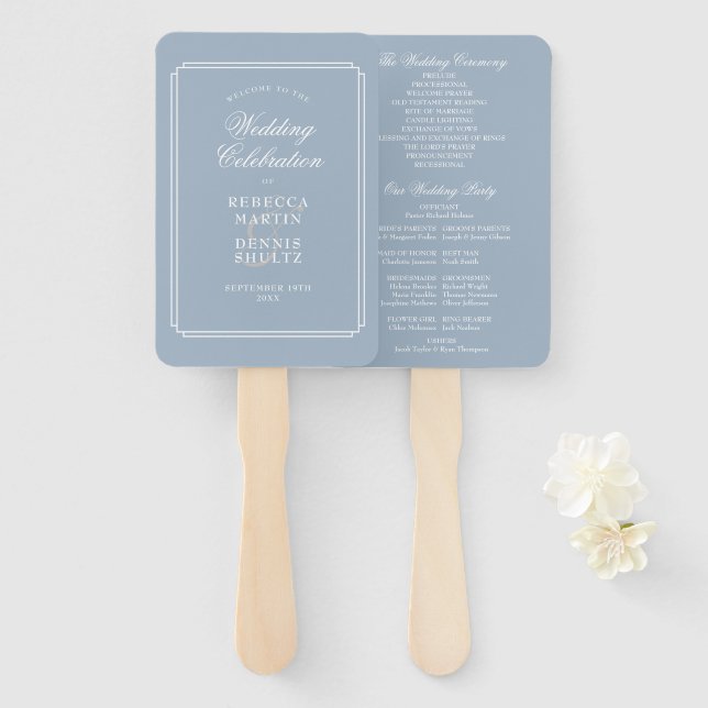Éventail Programme de mariage Art Déco Classique Bleu Pouss (Devant et derrière)