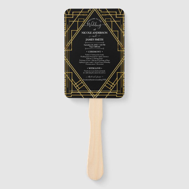 Éventail Programme de mariage Art Déco Or & Noir des Années (Devant)