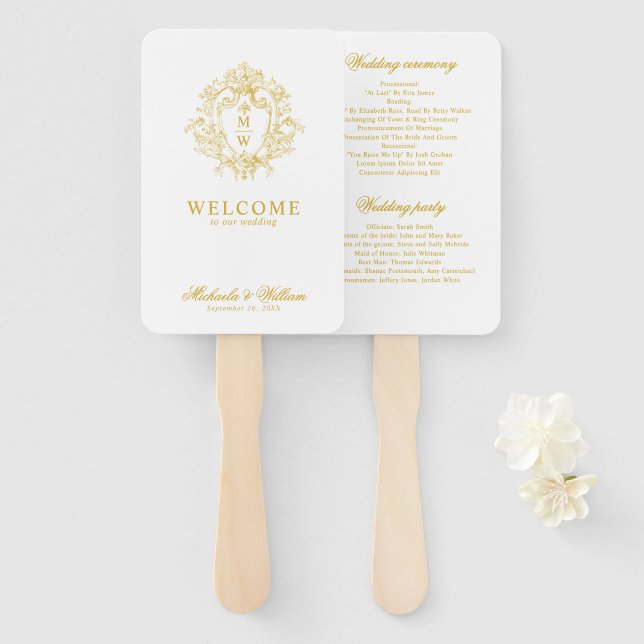 Éventail Programme de mariage au blason monogrammé Régence  (Devant et derrière)