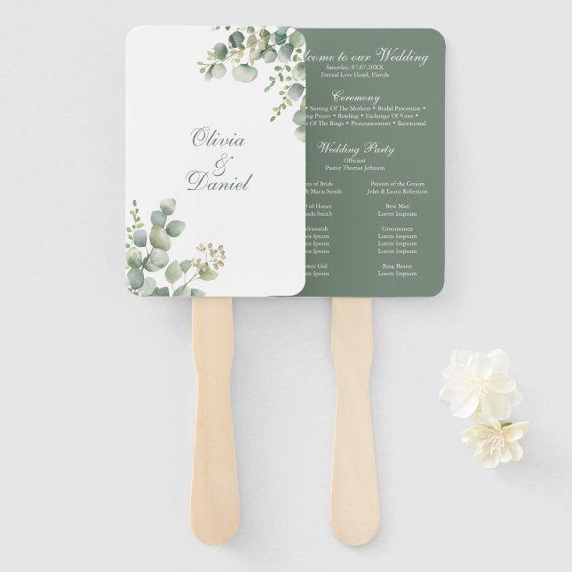 Éventail Programme de mariage au eucalyptus de la verdure m (Devant et derrière)