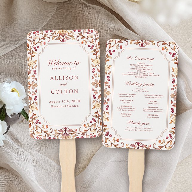 Éventail Programme de mariage automnal floral botanique vin (Rust Vintage Botanical Floral Fall Wedding Program Hand Fan)