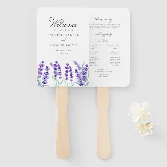 Éventail Programme de mariage aux fleurs de lavande à l'aqu (Devant et derrière)
