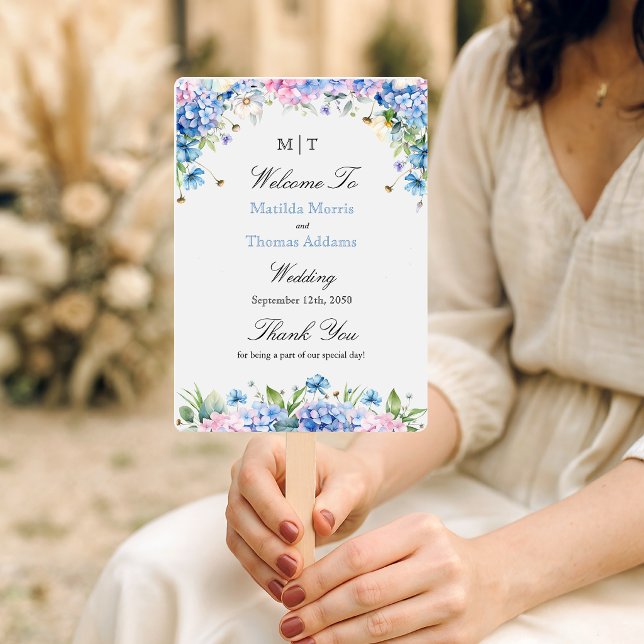 Éventail Programme de mariage aux hortensias bleu clair mon (Créateur téléchargé)