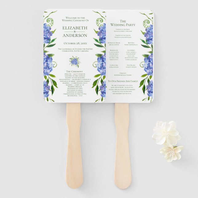 Éventail Programme de mariage aux Hortensias Bleus (Devant et derrière)