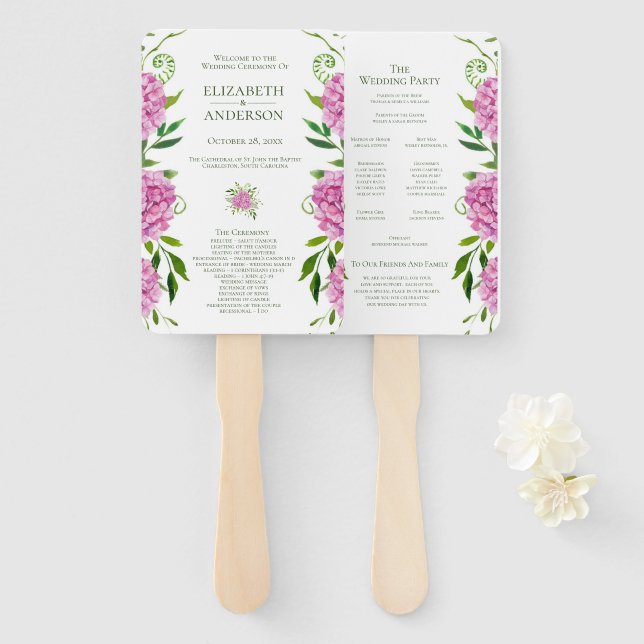Éventail Programme de mariage aux hortensias roses (Devant et derrière)