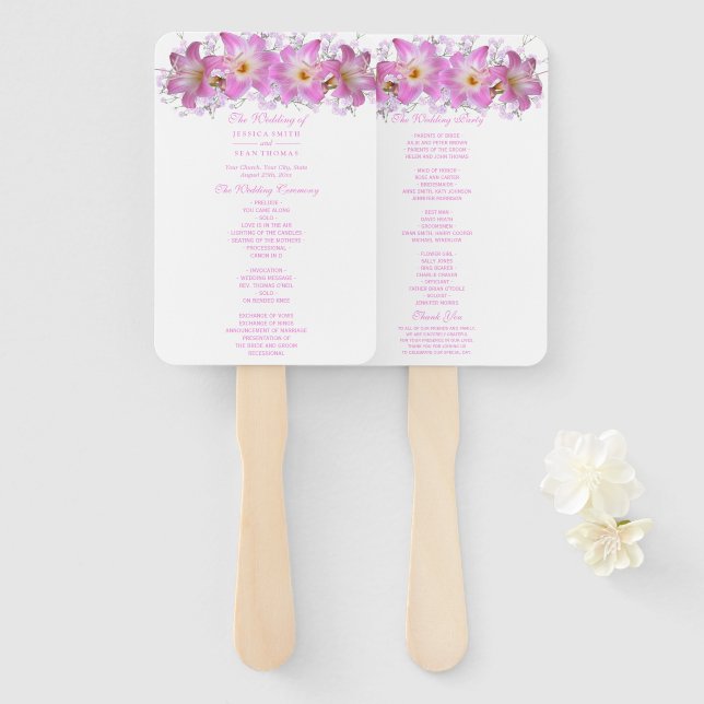 Éventail Programme de mariage aux lis belladone romantiques (Devant et derrière)