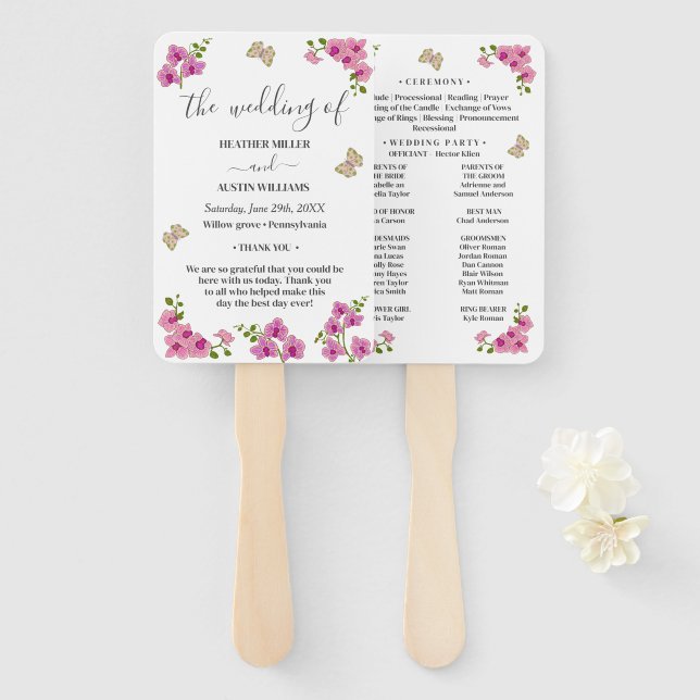 Éventail Programme de mariage aux orchidées violettes délic (Devant et derrière)