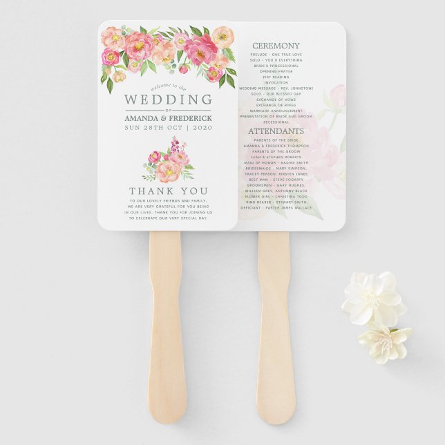 Éventail Programme de mariage aux pivoines aquarelles de pr (Devant et derrière)