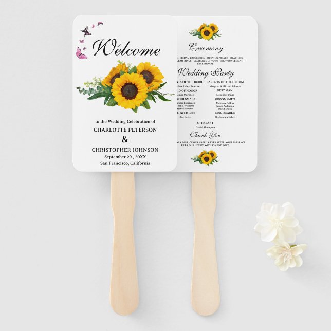 Éventail Programme de mariage aux tournesols rustiques et p (Devant et derrière)