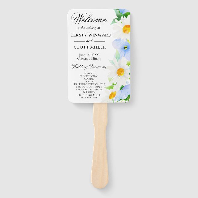 Éventail Programme de mariage avec des marguerites et des f (Devant)